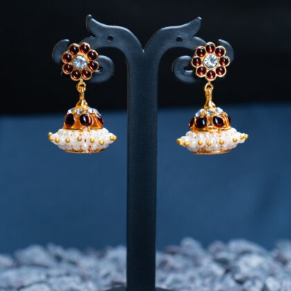 Bharatanatyam Kemp and White Stone Jhumka Earrings
